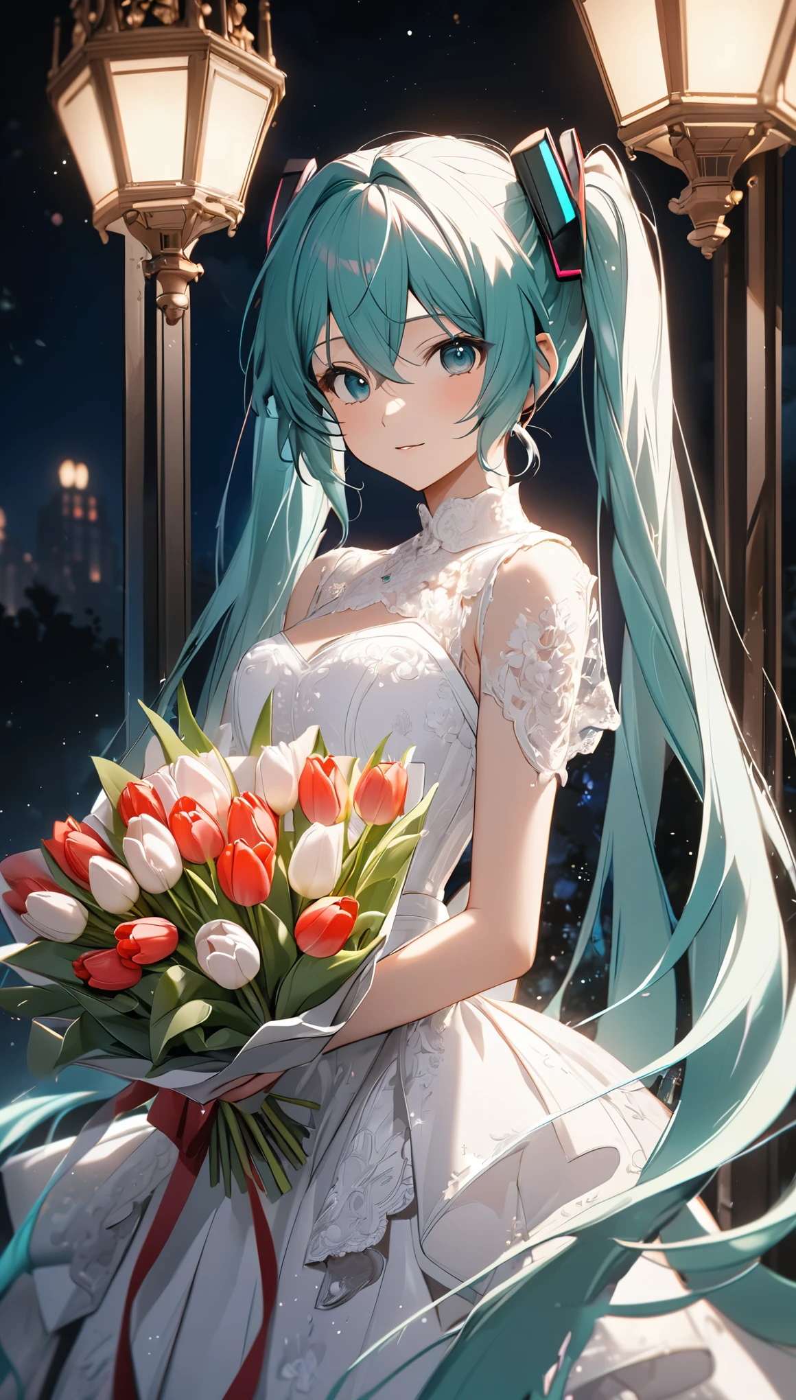 (8k, Highest quality, masterpiece: 1.2), (amime: 1.37), Very detailed, Close-up, (Hatsune Miku in a bridal outfit holding a bouquet of tulips:1.2),, , , Small faint lights, night, , Intricate details, Splash screen, Gorgeous church, Stained glass