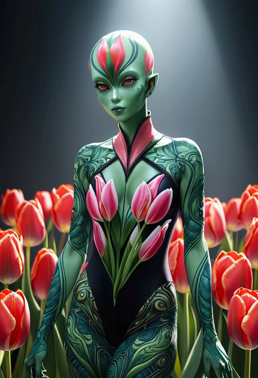 tulip alien with tulip printed jumpsuits, green skin