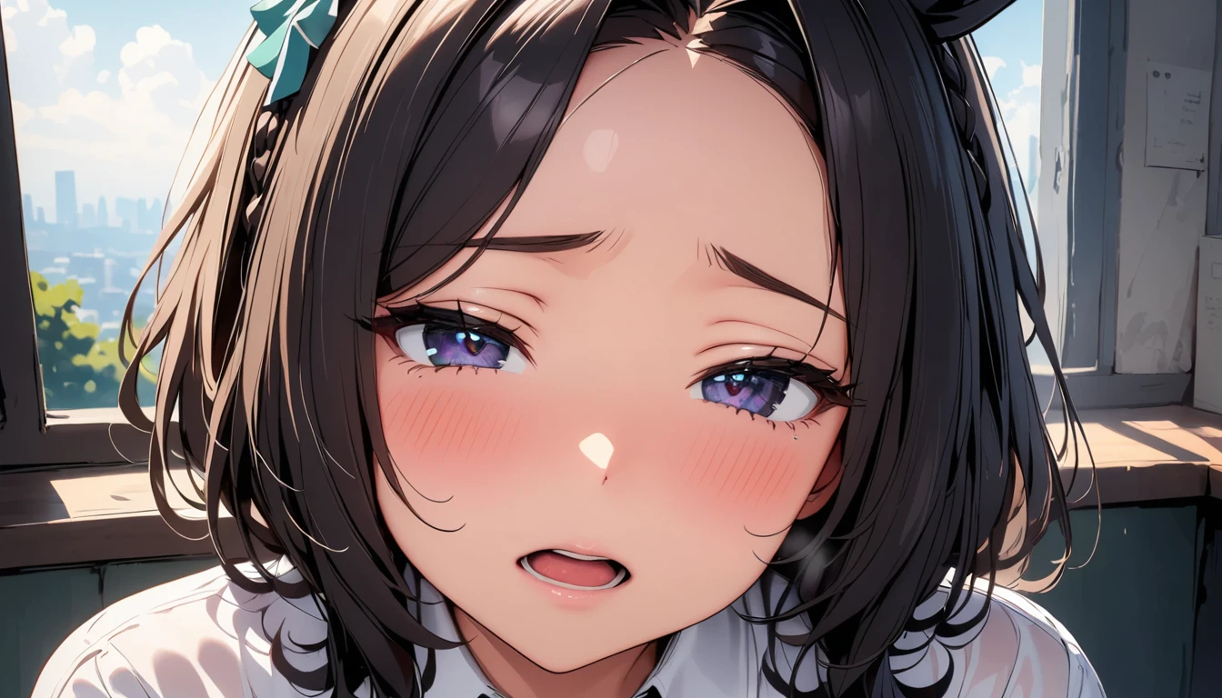 [[1girl, mejiro ramonu \(umamusume\), umamusume,]], beautiful detailed eyes, black eyes, (tareme), (half-closed eyes), (opened mouth), nsfw, curvy, Slender, (close-up mouth), Highest quality, Super detailed, masterpiece, Ultra-high resolution, 8k, Embarrassing, blush, Lovely, Close one eye, (With tears in her eyes and her mouth open), Sticky saliva