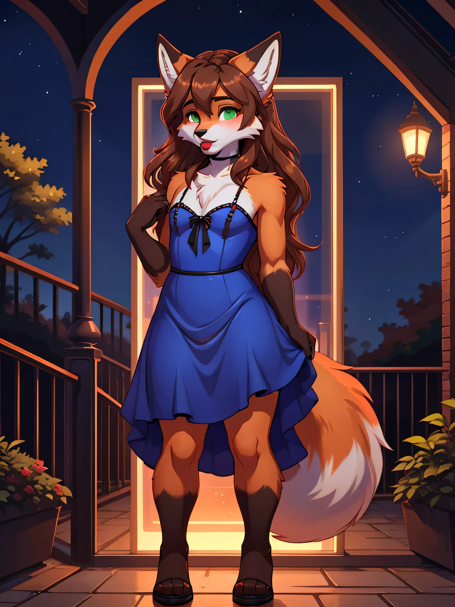 Best quality, furry male fox with green eyes, with brown long hair, with black spout, with red lipstick on lips, big lips, in a blue dress, crossdressing, shy, sexy pose, stands seductively against the backdrop of a night park