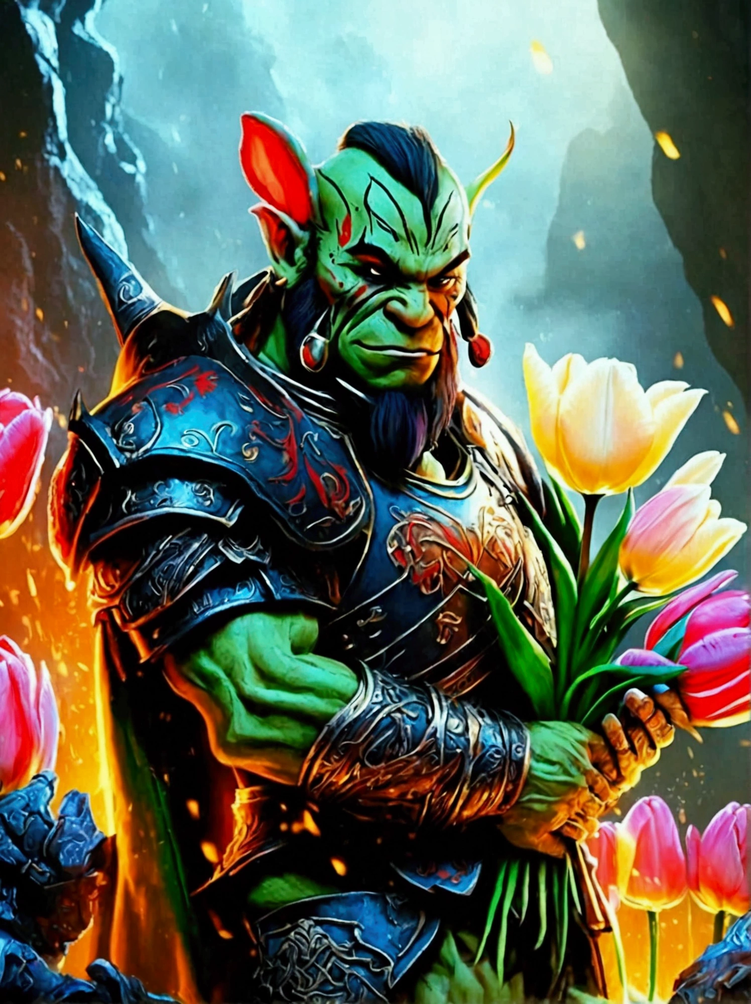 A majestic warrior in shining armor，((She holds a beautiful bouquet of tulips))，((Beautiful tulips))，Standing in the middle of a fierce battle。This scene was inspired by key elements of Gustav Klimt’s famous Golden Age。Lively and lively composition，The strokes are bold。The color palette used is intense，A perfect display of the warrior&#39;s raw power and unwavering determination。This figure uses a variety of digital techniques，Gives it a soft and delicate quality，Adding an otherworldly charm to the turbulent battlefield。Immerse yourself in this enchanting fantasy world，Legends are crafted here，The championship is up for grabs here。Admire the intricate decoration of the warriors&#39; armor、The shining edge of the blade and the vibrant energy of the battle before us。Every stroke of this digital artwork transports you into a world where courage and determination are the norm。