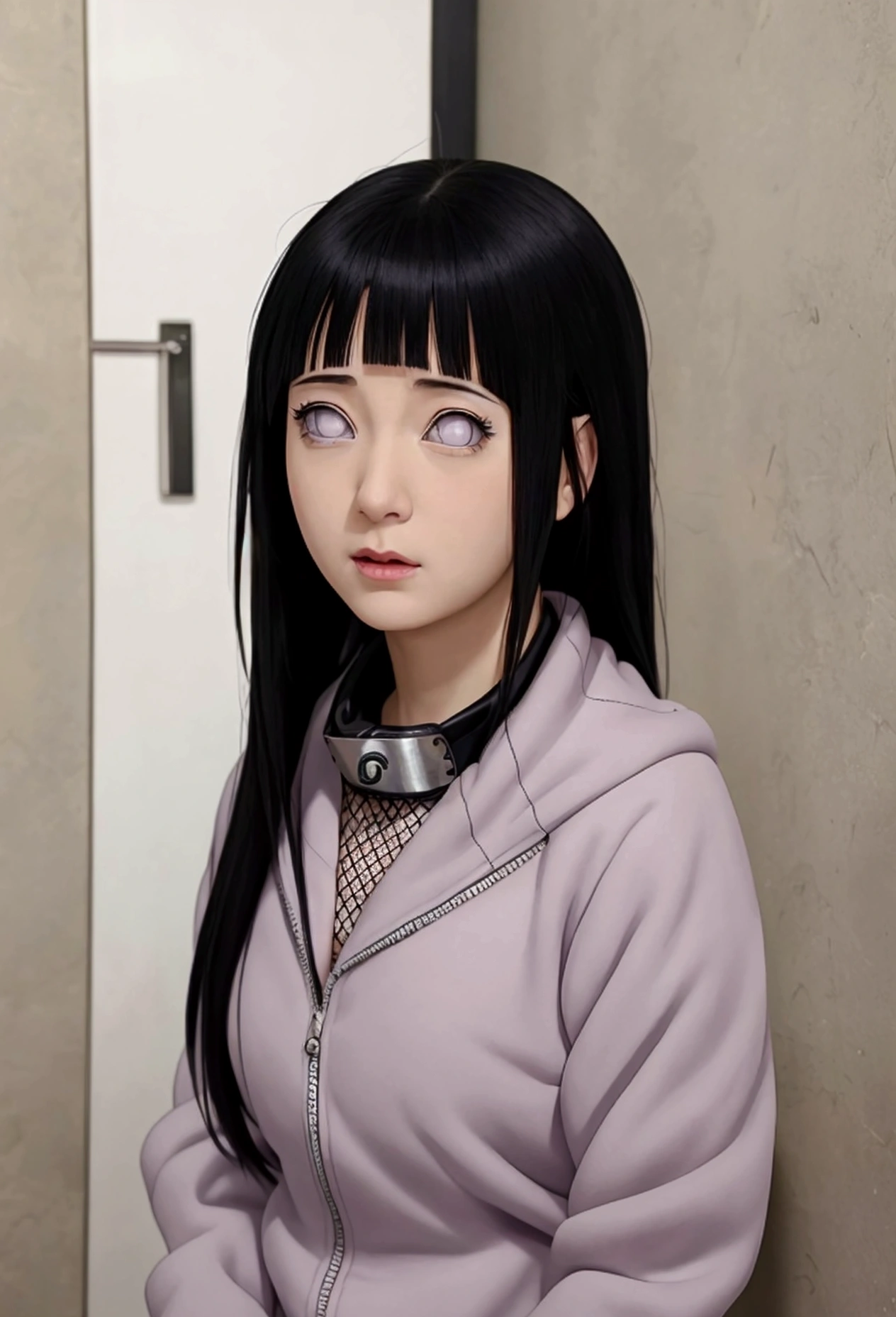 Close-up of a woman with a collar around her neck, Nezuko, Nezuko-chan, Hinata Hyuuga From Naruto, Anime girls in real life, hyper realistic anime, photorealistic anime, Charming anime girl, Hinata Hyuuga, From Naruto, realistic anime, realistic anime art style, A very detailed RTM pathogen., Attractive anime girl