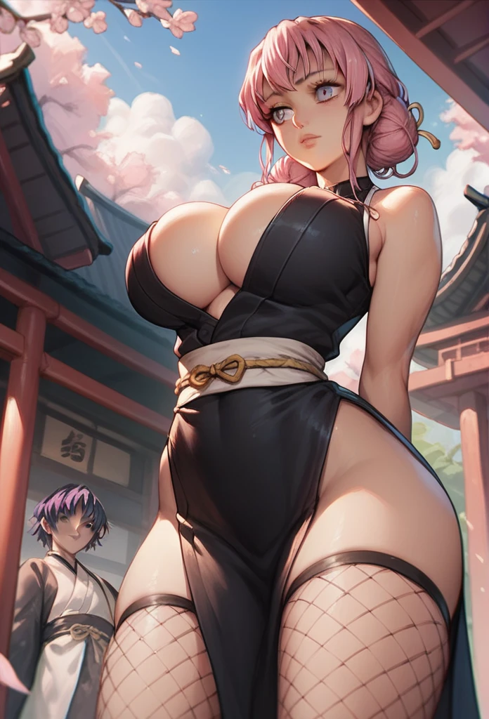 Mitsuri kanaroji ( Demon Slayer), big breasts, deep cleavage, dress slit on both sides showing her thick, standing before a Japanese house, pink hair, view from below, hands behind her back, bending forward , fishnet stockings