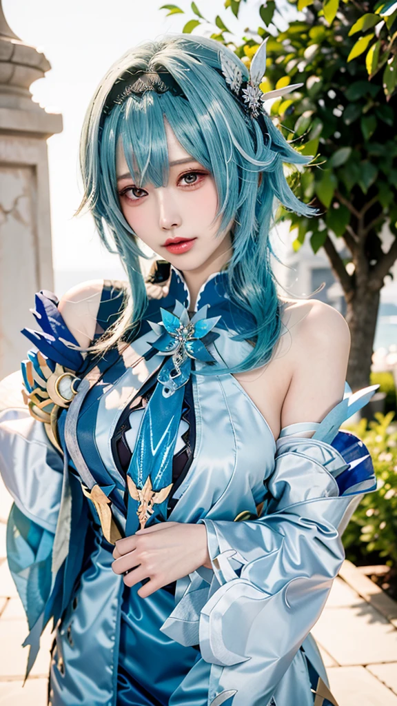 Beauty of a goddess, slim face, light smile, beautiful wan, 1girl, solo, (masterpiece:1.2), best quality, eula, genshin, high detailed, 8K resolution, looking at viewers, eula from genshin impact, outdoor, blue hair, hair ornaments, eula cosplay outfit