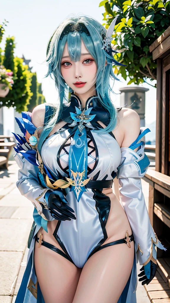 Beauty of a goddess, slim face, light smile, beautiful wan, 1girl, solo, (masterpiece:1.2), best quality, eula, genshin, high detailed, 8K resolution, looking at viewers, eula from genshin impact, outdoor, blue hair, hair ornaments, eula cosplay outfit