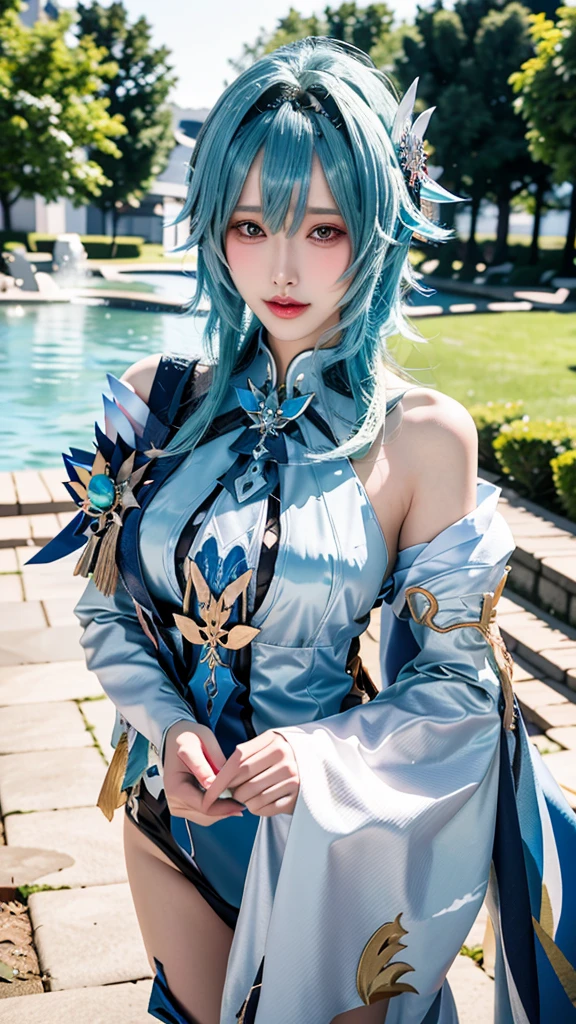 Beauty of a goddess, slim face, light smile, beautiful wan, 1girl, solo, (masterpiece:1.2), best quality, eula, genshin, high detailed, 8K resolution, looking at viewers, eula from genshin impact, outdoor, blue hair, hair ornaments, eula cosplay outfit