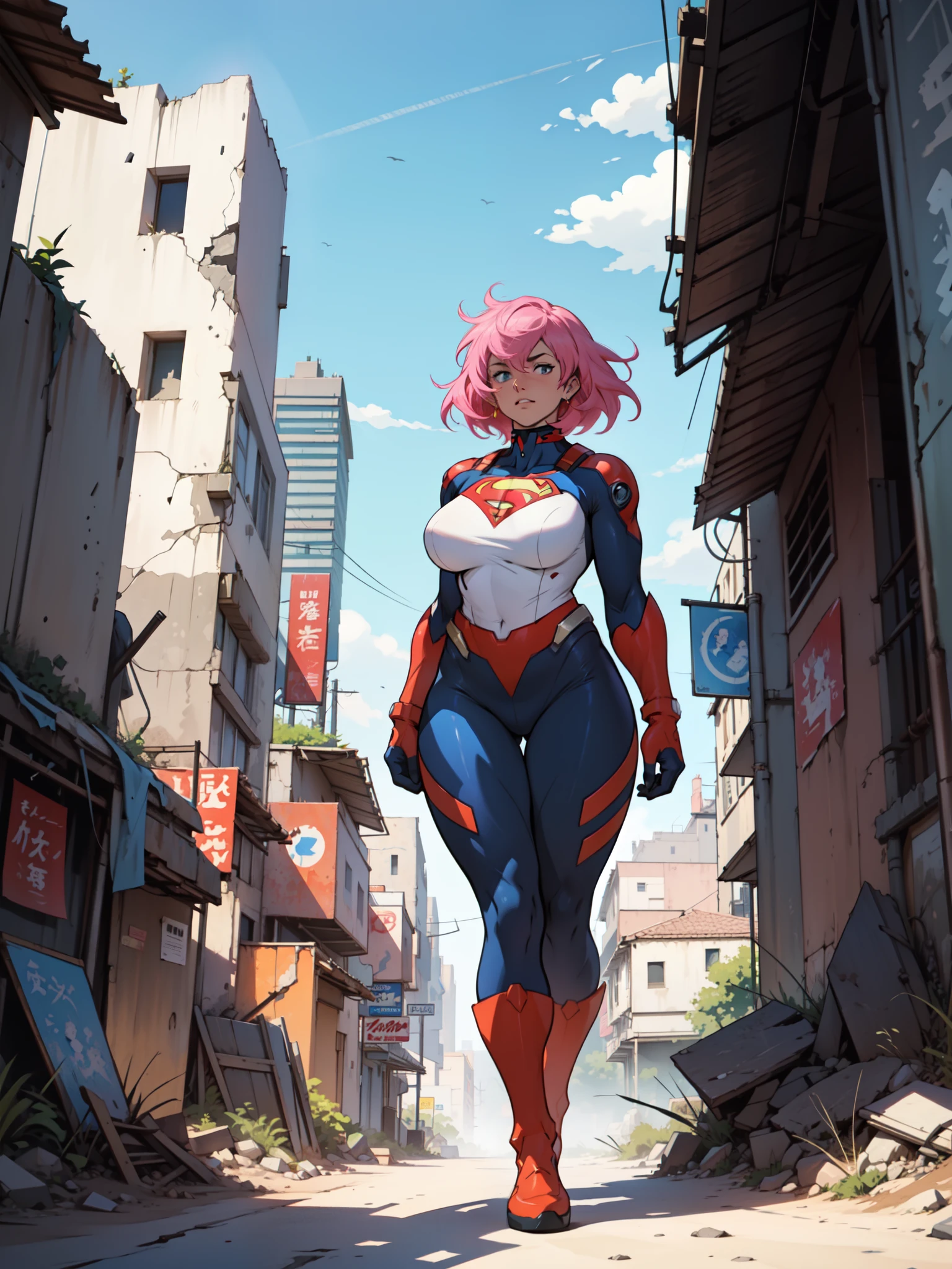 Supergirl, pureerosface_v1, sticker of a girl from DC Comics, whole body, Kim Jung what, , (gigantesco breasts breasts 1.6),soul, digital illustration, comic style, cyber punk, Perfect Anatomia, centred, approaching perfection, dynamic, highy detailed, Watercolor painting, art station, conceptual artwork, Soft, sharp focus, illustration, arte de Carne Griffiths e Wadim Kashin ,, (work of art, best qualityer, ultra detali, best shade),, pink hair, In the style of Neon Genesis Evangelion, you find yourself in a desolate place, post-apocalyptic desert, as the distant ruins of a huge city loom on the horizon. The sky is full of ominous clouds, as a huge creature towers in the distance, Huge breasted, huge tits, gigantic breasts , niplles, curved, Thick