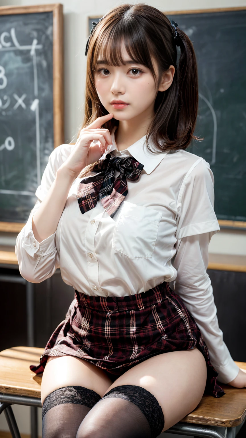 masterpiece, best quality, illustration, Super detailed, fine details, High resolution, 8K,wall paper, perfect dynamic composition,(Details High quality, realistic depiction of eyes:1.3), (white school shirt :1.2), (plaid skirt :1.3), tie black, black thigh-high stockings, sitting, open legs, short bob hair, in a classroom, blackboard in the background, deep on field, large breasts, black hair color, Big Natural Color Lip, (perfect body shape), crying a little、Harajuku style、30 year old girl、cute type、lolita、 Gravure Idol