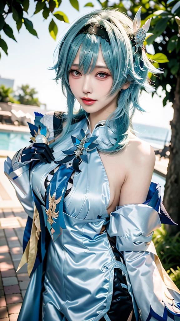 Beauty of a goddess, slim face, light smile, beautiful wan, 1girl, solo, (masterpiece:1.2), best quality, eula, genshin, high detailed, 8K resolution, looking at viewers, eula from genshin impact, outdoor, blue hair, hair ornaments, eula cosplay outfit