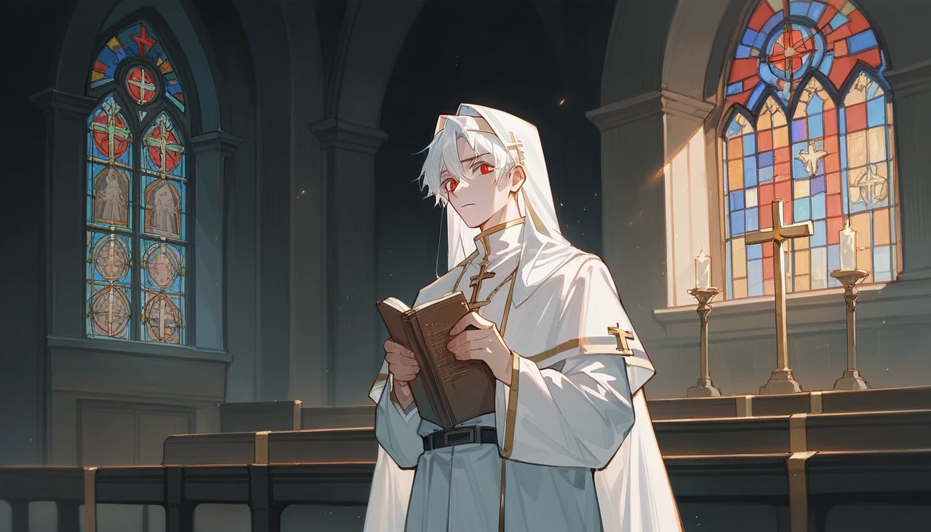 A priest has long white hair, with two bangs. He has red eyes and wears a typical priest's outfit. He is a young man, holding a bible, standing in church.