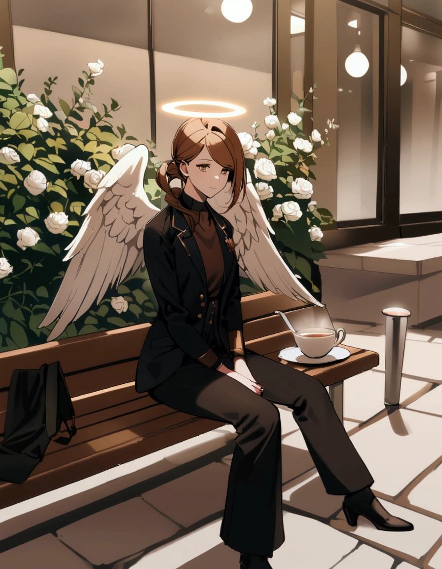 there is a woman sitting on a bench with an angel wings on her head, (hair swept bangs:1.3), (brown hair:1.3), angel-themed, wearing angel, angel themed, full - body majestic angel, dark angel of coffee, ellie bamber fairy, angel girl, wearing angel halo, jovana rikalo, inspired by Marie Angel, inspired by Glòria Muñoz,