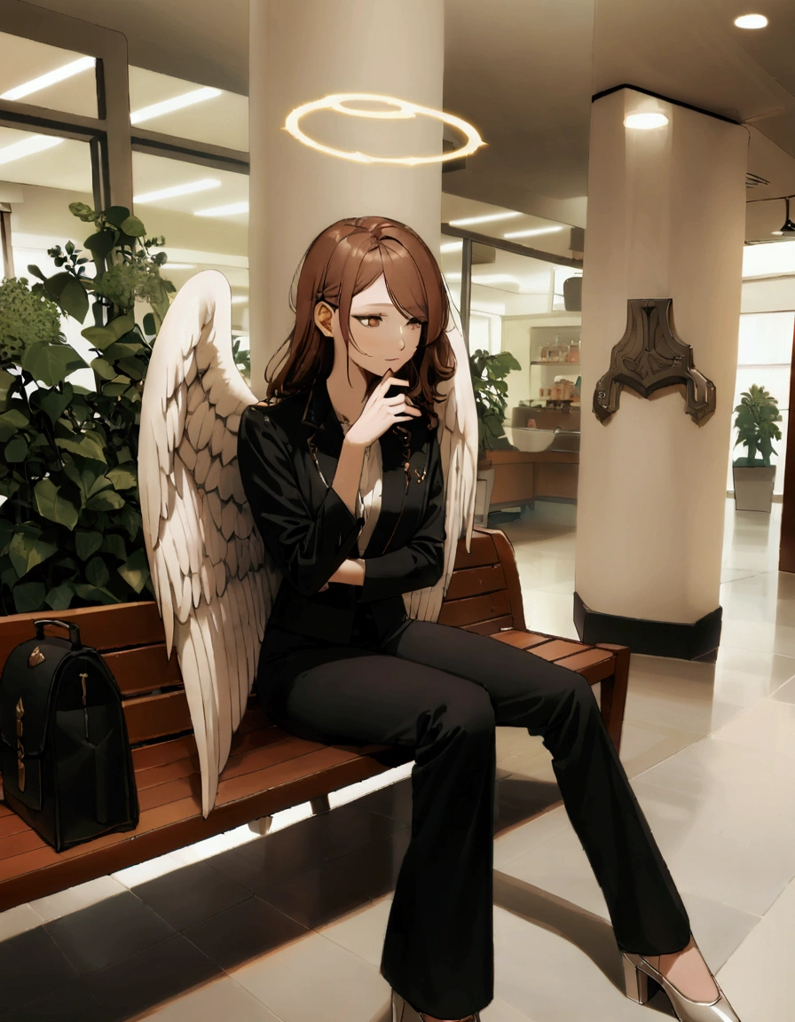 there is a woman sitting on a bench with an angel wings on her head, (hair swept bangs:1.3), (brown hair:1.3), angel-themed, wearing angel, angel themed, full - body majestic angel, dark angel of coffee, ellie bamber fairy, angel girl, wearing angel halo, jovana rikalo, inspired by Marie Angel, inspired by Glòria Muñoz,