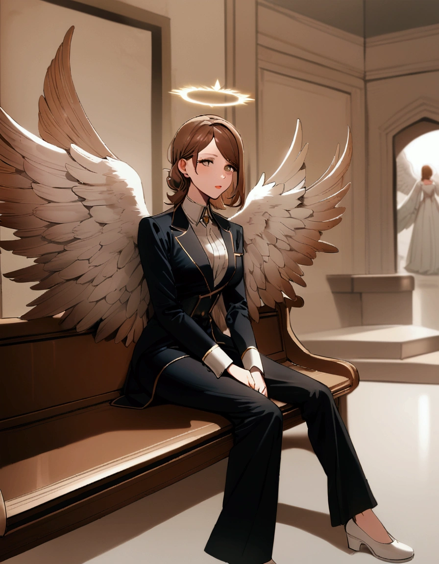 there is a woman sitting on a bench with an angel wings on her head, (hair swept bangs:1.3), (brown hair:1.3), angel-themed, wearing angel, angel themed, full - body majestic angel, dark angel of coffee, ellie bamber fairy, angel girl, wearing angel halo, jovana rikalo, inspired by Marie Angel, inspired by Glòria Muñoz,