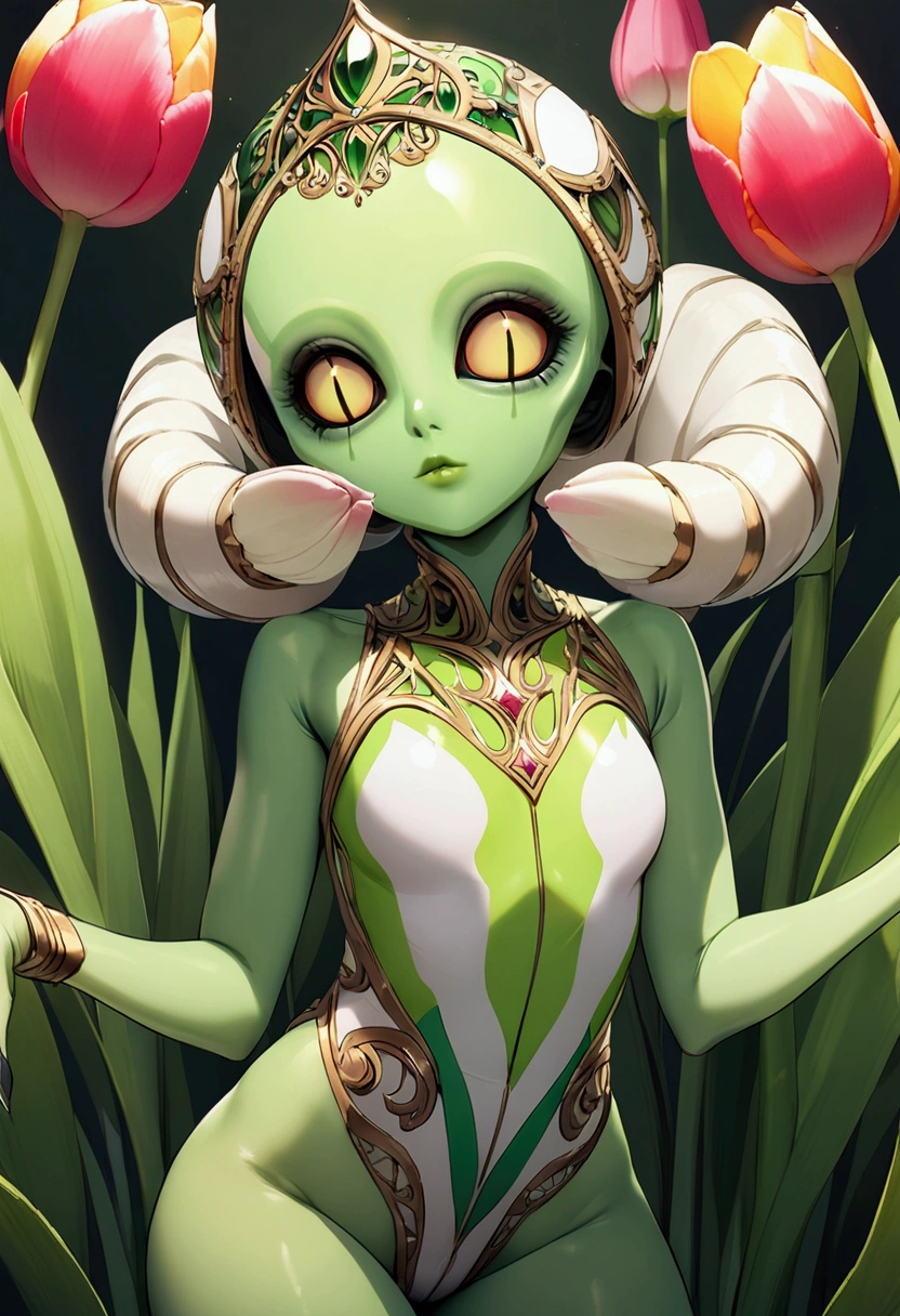 tulip alien with tulip printed dresses, green skin