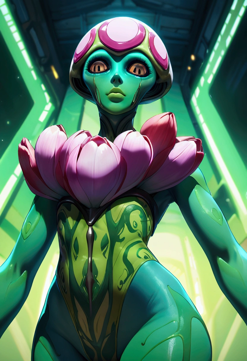 tulip alien with tulip printed dresses, green skin