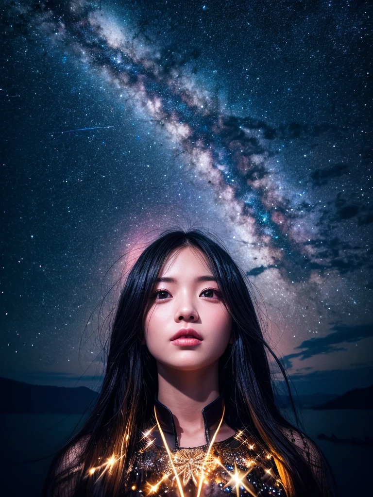 Starry Sky、ephemeral、universe、beautiful girl、, Surrealism, cinematic lighting, sparkle, UHD, retina, masterpiece, anatomically correct, super detail, award winning, best quality, highres