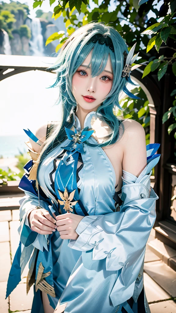 Beauty of a goddess, slim face, light smile, beautiful wan, 1girl, solo, (masterpiece:1.2), best quality, eula, genshin, high detailed, 8K resolution, looking at viewers, eula from genshin impact, outdoor, blue hair, hair ornaments, eula cosplay outfit