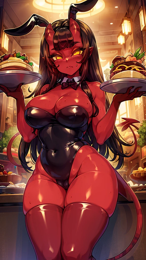 Beautiful picture), (Masterpiece), ((((Solo)))), ((big breasts)), (curvy), (sexually suggestive), (wearing latex bunny suit), perfect hands, sexy legs, (pouting), (bored), (holding a tray of food), (stockings), (demon horns), at a restaurant, (tight clothes),