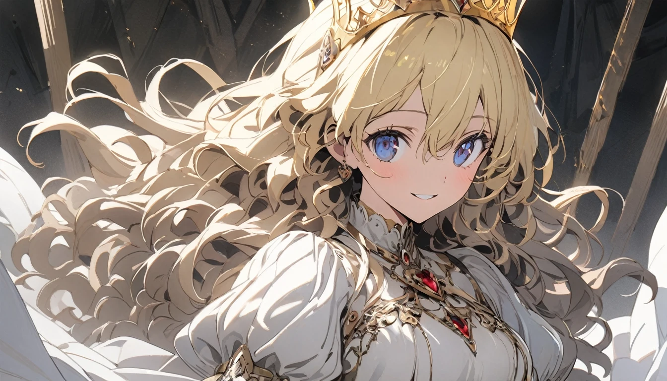 One girl, View here,princess,Crown Princess Wavy Hair,Blonde,Long Hair,Hair between the eyes, Slender,Neat and clean dresses,Attention to detail, Conceptual Art, anime, masterpiece, Super Detail, Attention to details, high quality, 最high quality,smile,The background is a Western castle