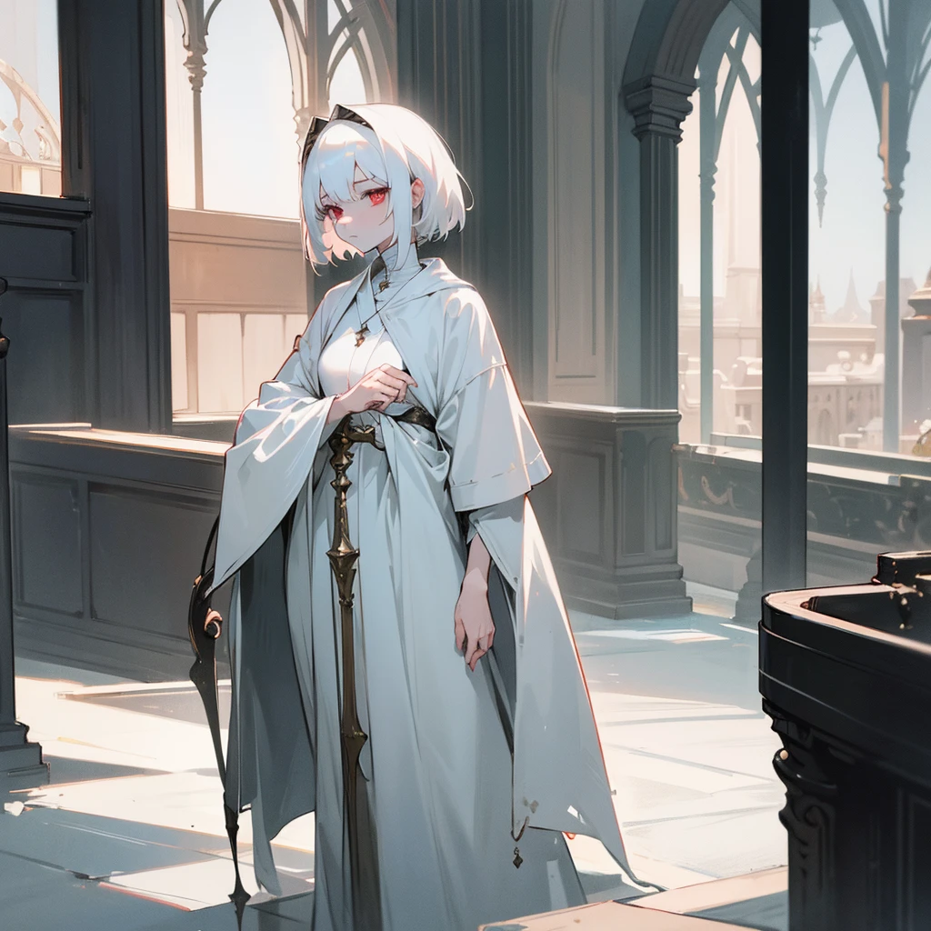 masterpiece, best quality, very aesthetic, absurdres, lamia", a girl, standing, red eyes, white hair, short hair, medium hair, slant eyes, fair skin, pale skin, slim, accent ash scale skin, ash robe, masterpiece, best quality, very aesthetic, absurdres, lamia"