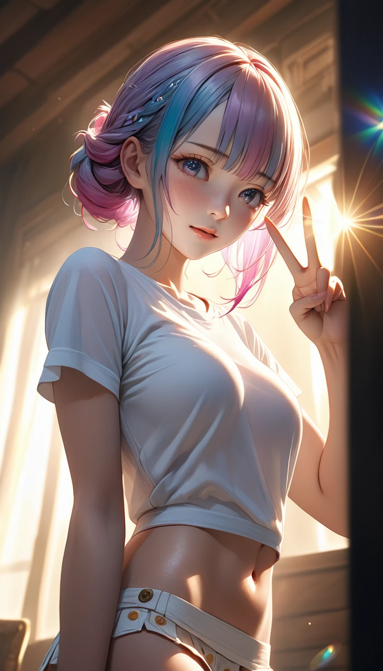 Masterpiece、最high quality、high quality、High definition、High resolution、High detail、Lens flare、Ray tracing method、high qualityの質感、high qualityの影、Beautiful details、Detailed and delicate、Detailed texture、Realistic facial expression、Realistic and colorful、Delicate、Cinematic Light、Side light、Sharp Focus、(1 woman:1.3)、(Intricate details、Makeup、Pure Eros Face_v1:0.5)、(Details Beautiful delicate face、Detailed beautiful delicate eyes、Perfect Facial Proportions、Detailed skin、Charm)、fancy hairstyles、Beautiful bangs、(Two-tone gradient hair color）、slender、(Upturned beautiful breasts)、Raise your arm and make a peace sign、Detailed crotch、Showing off your crotch、Female juice、(Experiencing the best orgasm)、Kneeling、Light-colored V-cut、Light-colored thong、Thigh mini skirt、Low-rise mini skirt、Front-button short-sleeve shirt、Crop top、The wind blows and sways、 roll up、Low-angle composition