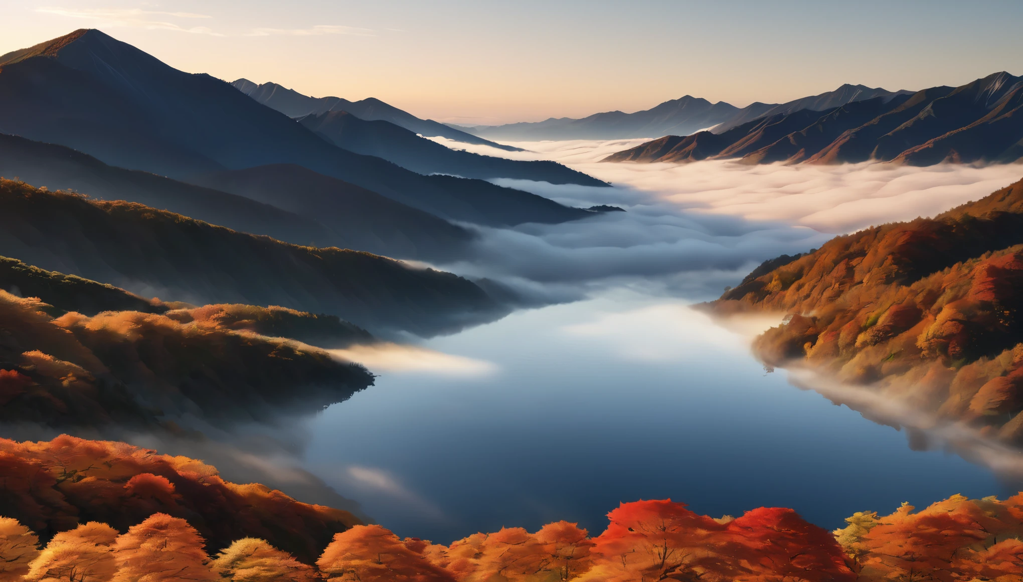 Japanese countryside scenery, Valley, autumn, sunny, sea of clouds,morning, (Highest quality,4K,8k,High resolution,masterpiece:1.2),Very detailed,(Realistic,photoRealistic,photo-Realistic:1.37),High resolution,超High resolution,Studio Lighting,Vibrant colors,Professional