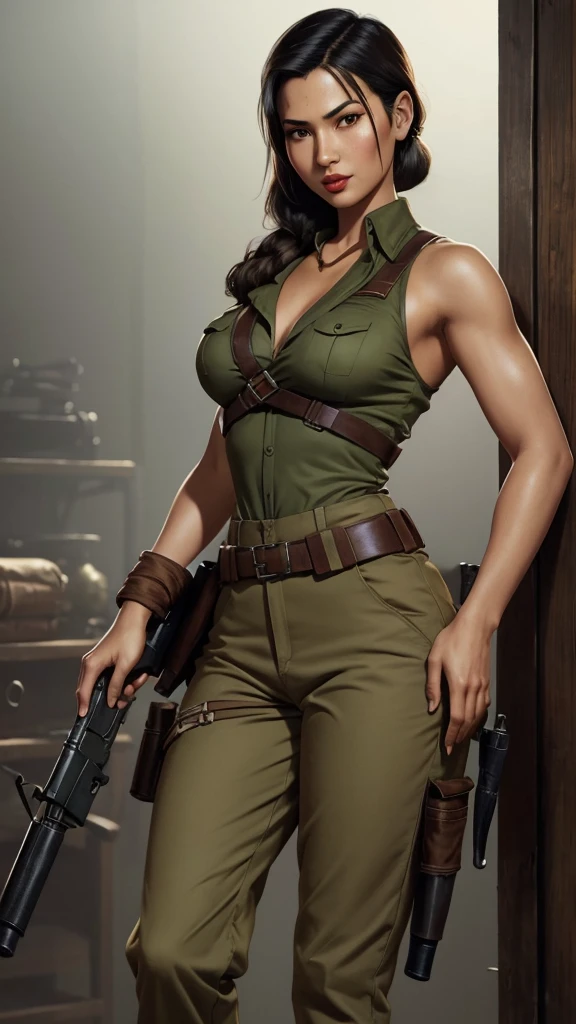 Pulp illustration, 1940s, asian lara croft, sexy, very short khakis, colorized