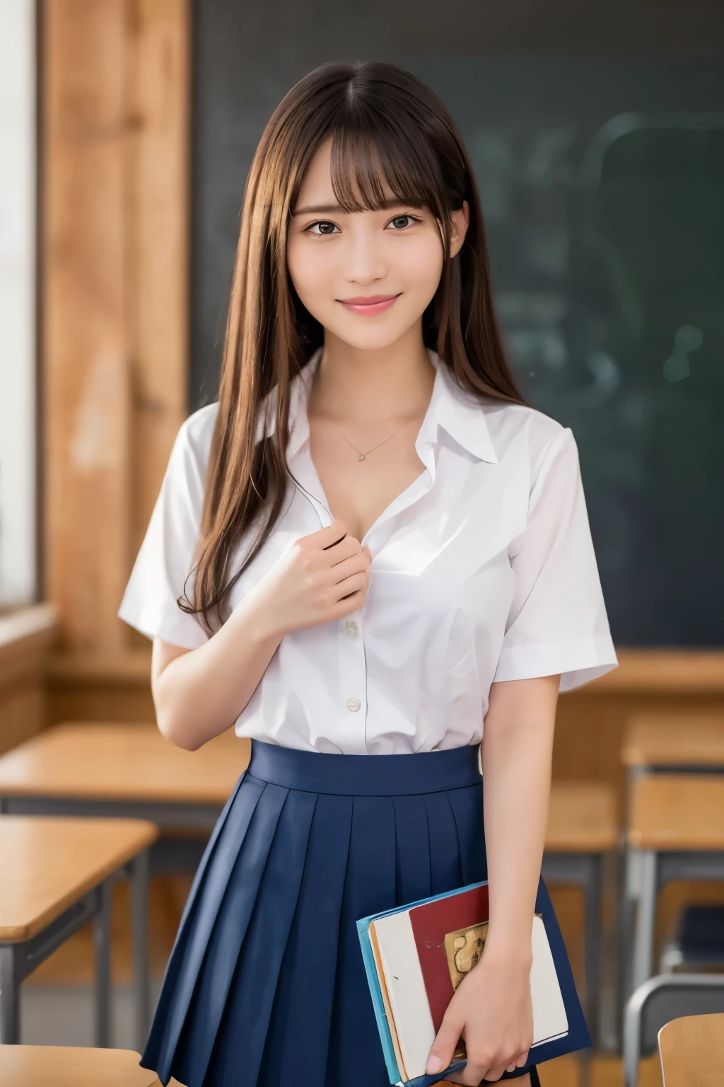 (Highest quality、Tabletop、8k、Best image quality、Award-winning works)、1 girl, very cute, Great face and eyes, (Beautiful lovely smile), (Highly detailed beautiful face), Bright and shiny lips, Staring at me、(Dark blue pleated skirt:1.1)、(White polyester open shirt:1.3)、(Small cleavage:1.2)、 Accentuate your body lines、Slender body、Realistic skin texture、Cinema Lighting、Dark Blue Skirt、Knee-high socks、(Standing in front of a blackboard in a high school classroom:1.2)、(Accurate anatomy:1.1)、(Super bright and radiant skin:1.3)