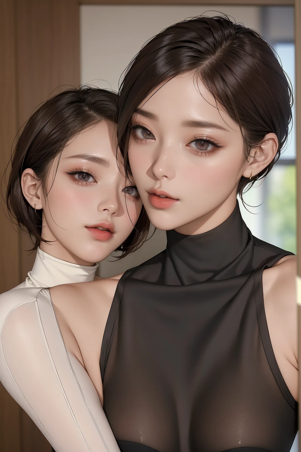 a K-pop idol wearing a turtle neck sweater,
(((masterpiece))), ((best quality)), ((complex and detailed)), ((surrealist)), outrageous lips, milf, mature woman, aspect, very detailed, illustration, 1 woman, ((big bust)), perfect hands, detailed fingers, beautiful and delicate eyes, Short hair, brown eyes,(turtle neck:1.2), tight skirt, detailed background, choker, perfect eyes, fascinating eyes, looking at viewer, in front