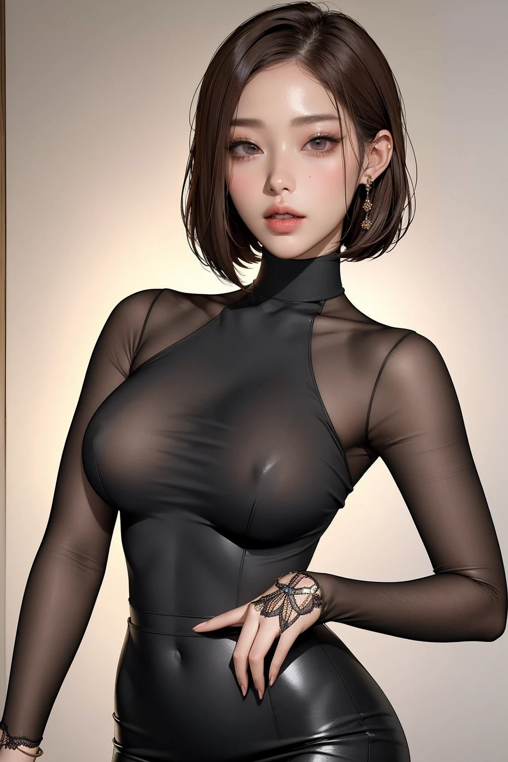 a K-pop idol wearing a turtle neck sweater,
(((masterpiece))), ((best quality)), ((complex and detailed)), ((surrealist)), outrageous lips, milf, mature woman, aspect, very detailed, illustration, 1 woman, ((big bust)), perfect hands, detailed fingers, beautiful and delicate eyes, Short hair, brown eyes,(turtle neck:1.2), tight skirt, detailed background, choker, perfect eyes, fascinating eyes, looking at viewer, in front