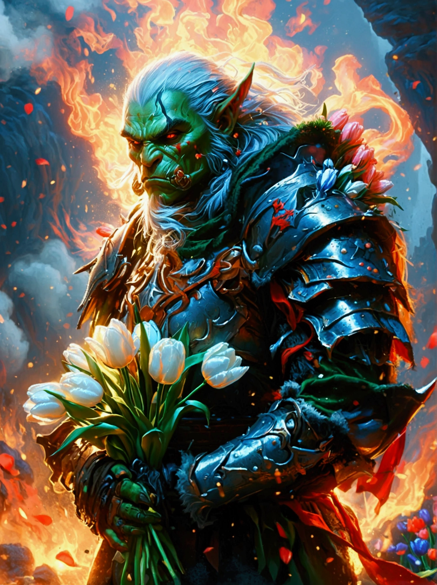 This is a scene from a fantasy world.，Depicts an orc warrior。He is muscular，green skin，Wearing heavy armor。((He holds a beautiful bouquet of tulips in his hands))，((Beautiful tulips))。He stood proudly in front of a turbulent volcanic backdrop，Surrounded by smoky plumes and hot lava particles。This picture should be designed in anime style，Includes vivid color contrasts and intricate details，This style was inspired by early Japanese animation。The name &quot;Soggo&quot; should be in an artistic anime-style font，Show it boldly