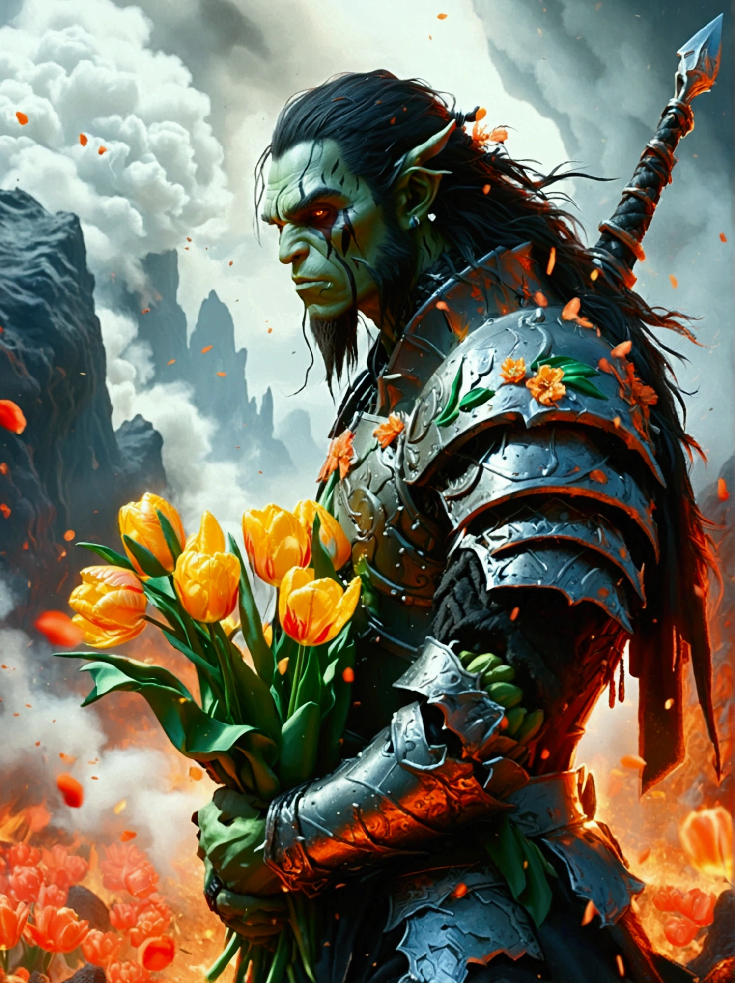 A majestic warrior in shining armor，((She holds a beautiful bouquet of tulips))，((Beautiful tulips))，Standing in the middle of a fierce battle。This scene was inspired by key elements of Gustav Klimt’s famous Golden Age。Lively and lively composition，The strokes are bold。The color palette used is intense，A perfect display of the warrior&#39;s raw power and unwavering determination。This figure uses a variety of digital techniques，Gives it a soft and delicate quality，Adding an otherworldly charm to the turbulent battlefield。Immerse yourself in this enchanting fantasy world，Legends are crafted here，The championship is up for grabs here。Admire the intricate decoration of the warriors&#39; armor、The shining edge of the blade and the vibrant energy of the battle before us。Every stroke of this digital artwork transports you into a world where courage and determination are the norm。