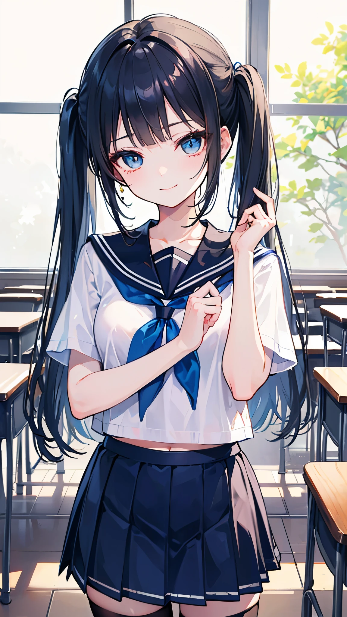 (masterpiece、Highest quality、Very detailed))、One girl、Black Hair、Long Hair、twintails、blunt bangs、Light blue eyes、evil smile、Small breasts、((serafuku))、Short sleeve、((Navy blue pleated skirt))、((miniskirt))、black thighhighs、Cowboy Shot、Classroom Background