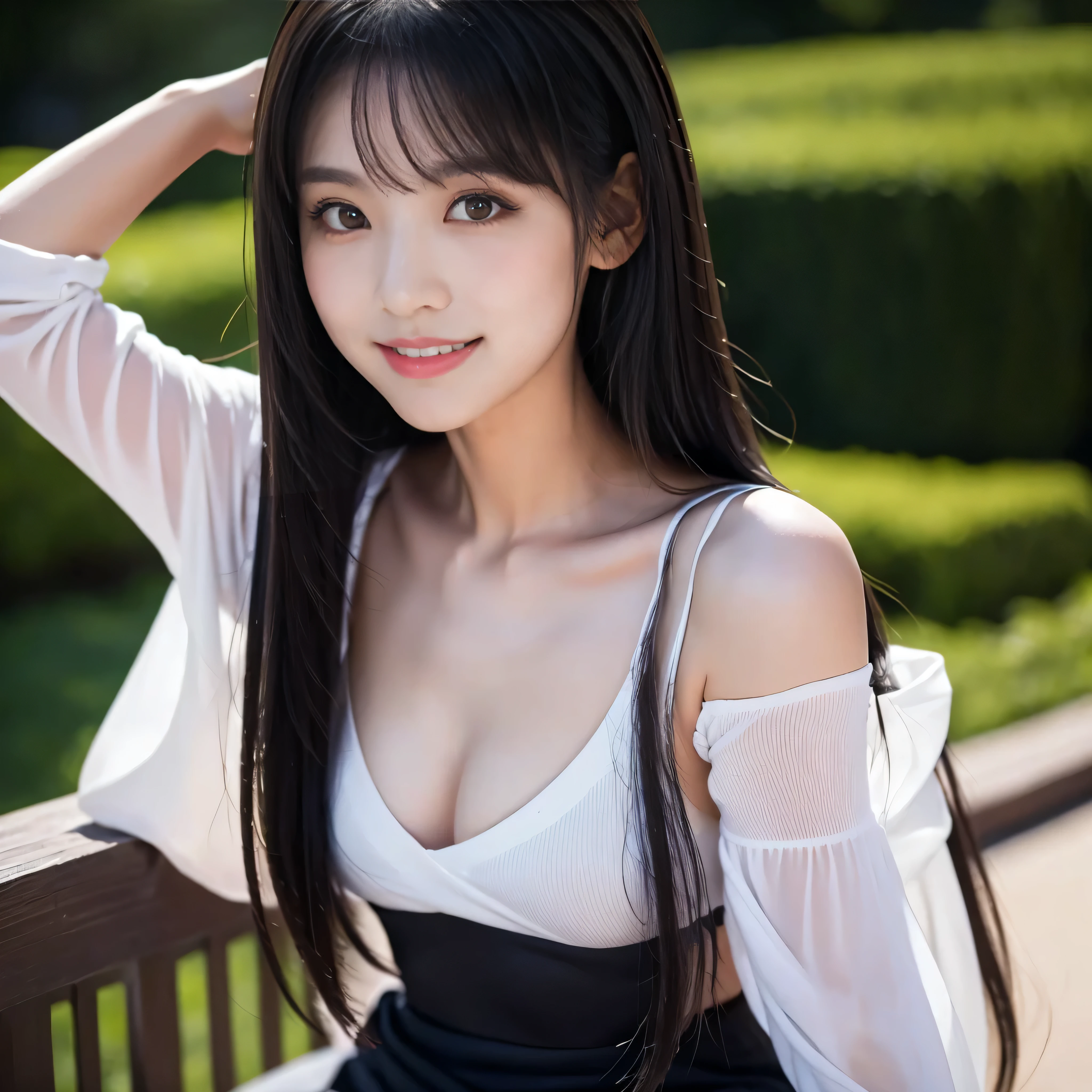 Create an ultra-realistic image of a 21-year-old Japanese woman named Kotone. She has extremely long, perfectly straight black hair that flows down to her waist, with blunt bangs that cover her forehead. Her eyes are large, enchanting, and have double eyelids with sparkling black pupils, giving them a captivating and youthful appearance. Her face is delicate and innocent, with very thin eyebrows that frame her large, childlike eyes. She has a small mouth with sexy lips, and her skin is smooth and flawless, resembling snow in its pure white color. She has a slender and well-proportioned body with a shapely bust size of 95 cm, a height of 158 cm, a weight of 43 kg, an ideal waist size of 58.46 cm, and an ideal hip size of 86.73 cm. Her complexion is flawless, without any wrinkles, and her natural makeup enhances her features subtly, maintaining a fresh and youthful look. She embodies a perfect balance of youthful charm and mature elegance, with a cute and innocent smile that adds warmth and affection to her appearance.
Kotone should be depicted facing forward, with her body positioned to emphasize her front. Her long black hair should flow naturally over her shoulders, framing her face and upper body. Her pose should be confident and relaxed, with her arms gently at her sides or holding a small accessory. Her expression should be warm and inviting, with a friendly smile that captures her youthful charm. The lighting should be soft and natural, focusing on her front and emphasizing the smoothness of her skin and the delicacy of her features, creating a sense of depth and realism. The background should be simple and neutral, ensuring that every detail of her appearance is highlighted and that the focus remains on her face and front. She is wearing a casual yet stylish outfit that highlights her well-proportioned figure, such as a fitted blouse and skirt.