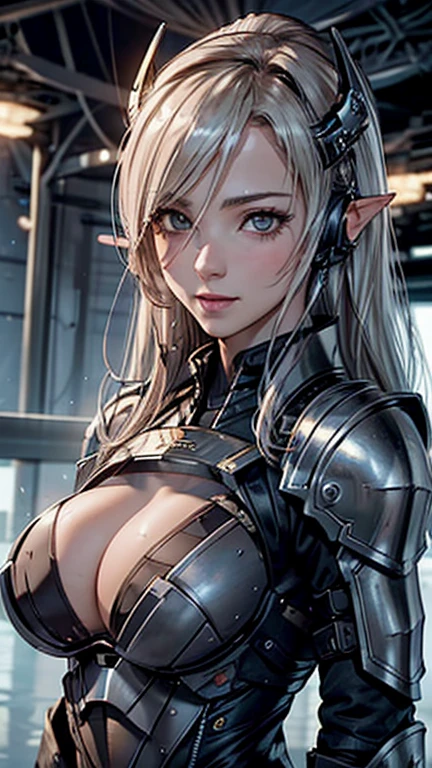masterpiece, Highest quality, Highly detailed CG Unity 8k wallpaper, ((Spacecraft Hangar)), (Long pointy ears), (Armored Hunter:1.3), Elegant long wavy platinum blonde hair, ((Average breast size, Self-illuminating skin)), (Mechanical Headset), (blush), , (Captivating smile), Urban Samurai_v0.3, Cybernetic_Jawless, cute, Symmetrical face, Detailed eyes, Key Art, Awards, intricate detail realism hdr, Photorealism, Hyperrealism, Ultra-realistic, Dramatic Light, Strong Shadows, Nice views, Written boundary depth
