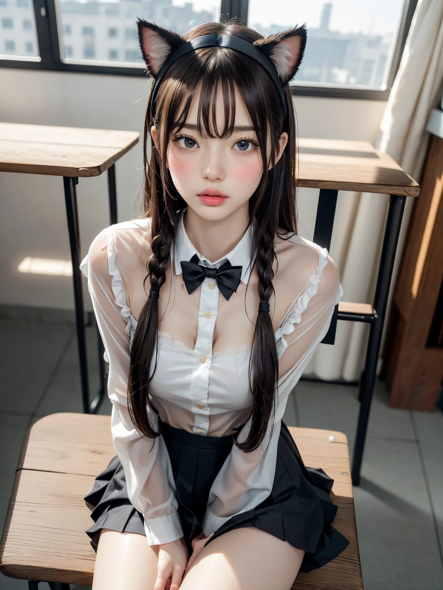 (UHigh resolution, retina, masterpiece, Accurate, Anatomically correct, Textured skin, Super Detail, Attention to detail, high quality, 最high quality, High resolution, 1080P, High resolution, 4K, 8k, 16K), (美しいAttention to detail目, Beautiful lip detail, Highly detailed eyes and face), Soft lighting, Physically Based Rendering, Vibrant colors, (((uniform))), (A cute girl wearing cat ears headband and a school uniform, sitting on a desk in a classroom,高校のuniform), (Glowing Skin, blush), (Wide angle), Eye Reflexes, (Staring at the audience),(Thighs,whole body,艶やかなThighs)