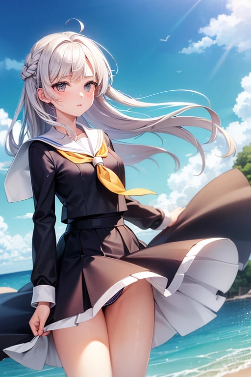 (master_piece, high_quality, beautiful, super delicate, absurdres:1.2), 1girl, mature, , beautiful face, ahoge, hair fluttering in the wind, white hair, blue eye, (sailor long dress suit, long skirt, The wind is blowing, Skirt flipped up, I can see your underwear, panty is shown, skirt that flipped in the wind, skirt billowing, I can see your underwear, wind lift:1.2), port, (clear water, gemstone sea:1.2), Ship in the distance, The trails that planes make, blue sky, Sunshine, street in the distance,