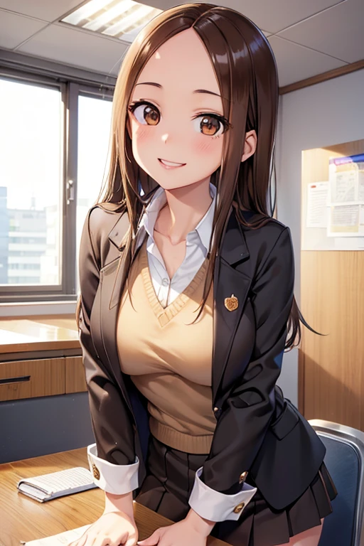 Takagi-san、Shiny brown hair, Straight Long Hair,((Medium chest、Forehead、Center part))、 美しいBrown eyes、smile、Sparkling eyes, (fine grain)、Very fine eye、非常にDetailed face, 非常にDetailed eyes, Cowboy Shot、


masterpiece, Highest quality, Detailed face, Detailed eyes, Detailed lips, One girl,  
Brown eyes, mini skirt, Open jacket, blazer, Large Breasts, smile, indoor, office,