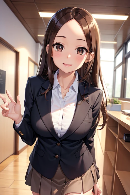 Takagi-san、Shiny brown hair, Straight Long Hair,((Medium chest、Forehead、Center part))、 美しいBrown eyes、smile、Sparkling eyes, (fine grain)、Very fine eye、非常にDetailed face, 非常にDetailed eyes, Cowboy Shot、


masterpiece, Highest quality, Detailed face, Detailed eyes, Detailed lips, One girl,  
Brown eyes, mini skirt, Open jacket, blazer, Large Breasts, smile, indoor, office,