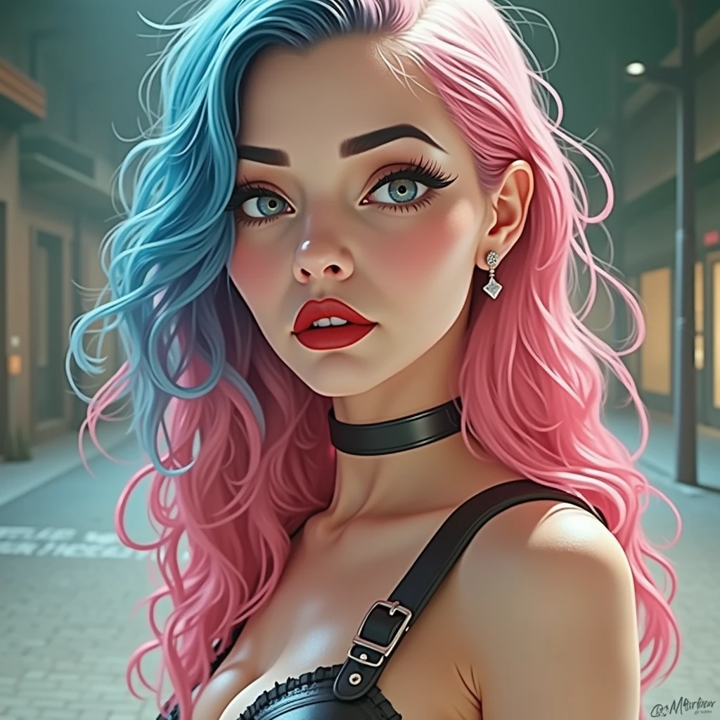 Digital art of a woman wearing a leather corset and fishnet stockings., posing provocatively in a dimly lit alley, cinematographic composition, trend in artstation.