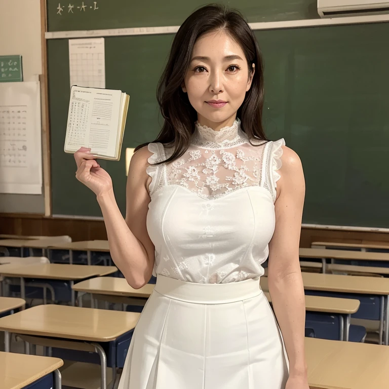 High resolution, High-level image quality, High definition, masterpiece, 8k, Anatomically correct, Professional Lighting, sharp, White Photo,
((Japanese Mature, 90 years old, Beautiful female teacher)), One person, ((Facial wrinkles)), Shapely large breasts,
Volumizing straight long light brown hair parted to the right, Chubby body type,
((School classroom, Standing upright, holding the attendance book and looking at the viewer)),
(((A light red sleeveless summer buttoned shirt tucked into a skirt, Tight summer high waist thin white long flared skirt))),
Composition from knee to head
