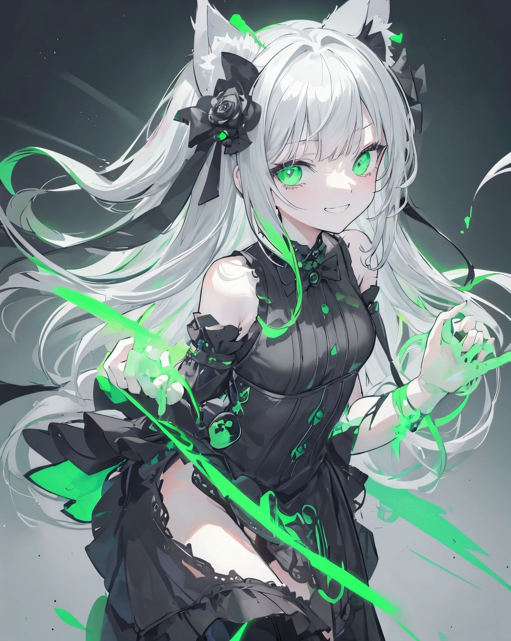 1 girl, wallpaper, whole picture, dark background with neon skull ghosts on background, dark picture, ((neko ears)) , ((cat ears)) , asymmetric hair, grey hair, green reflex hair, long hair, cute_smile, evil_smile, fluo green eyes, dynamic shot, looking at viewer, green magic from hands, neon lights, cute grin, ruffled hair, intricate black dress, bare shoulders. 
Green accents details. Neon green. 

She's a Necromancer, she's summoning skeletons. White skeletons with green neon lights from the skull eyes. She's op.
Horror anime style. Tomb. Gravestone. Grave. 