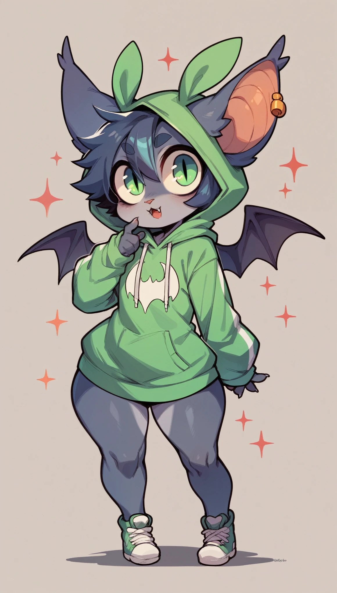 Furry Chibi femboy, big wide hips, bat Wings ,big eyes , Hoodie