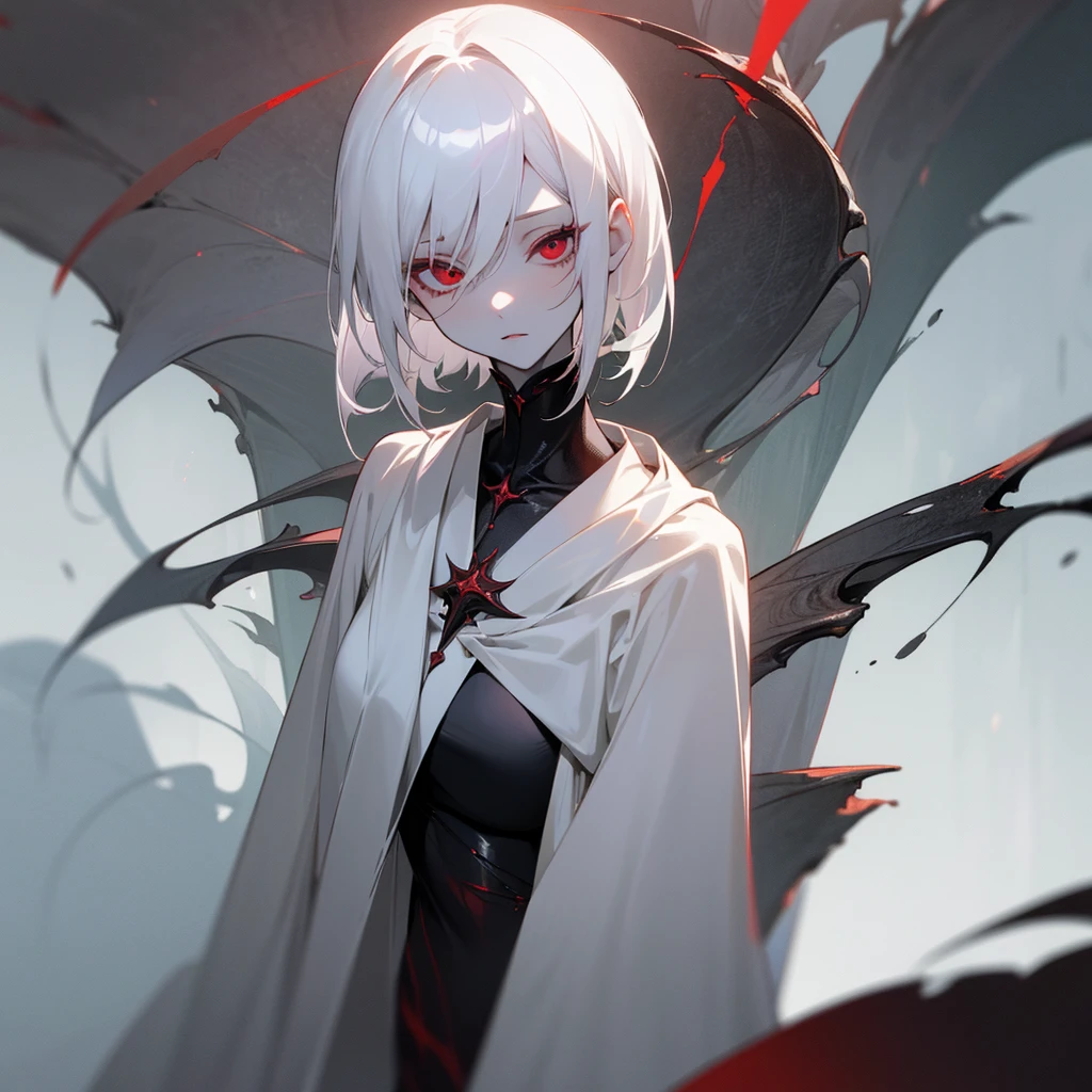 masterpiece, best quality, very aesthetic, absurdres, lamia", a girl, red eyes, white hair, short hair, medium hair, slant eyes, fair skin, pale skin, slim, accent ash scale skin, ash robe, masterpiece, best quality, very aesthetic, absurdres, lamia"