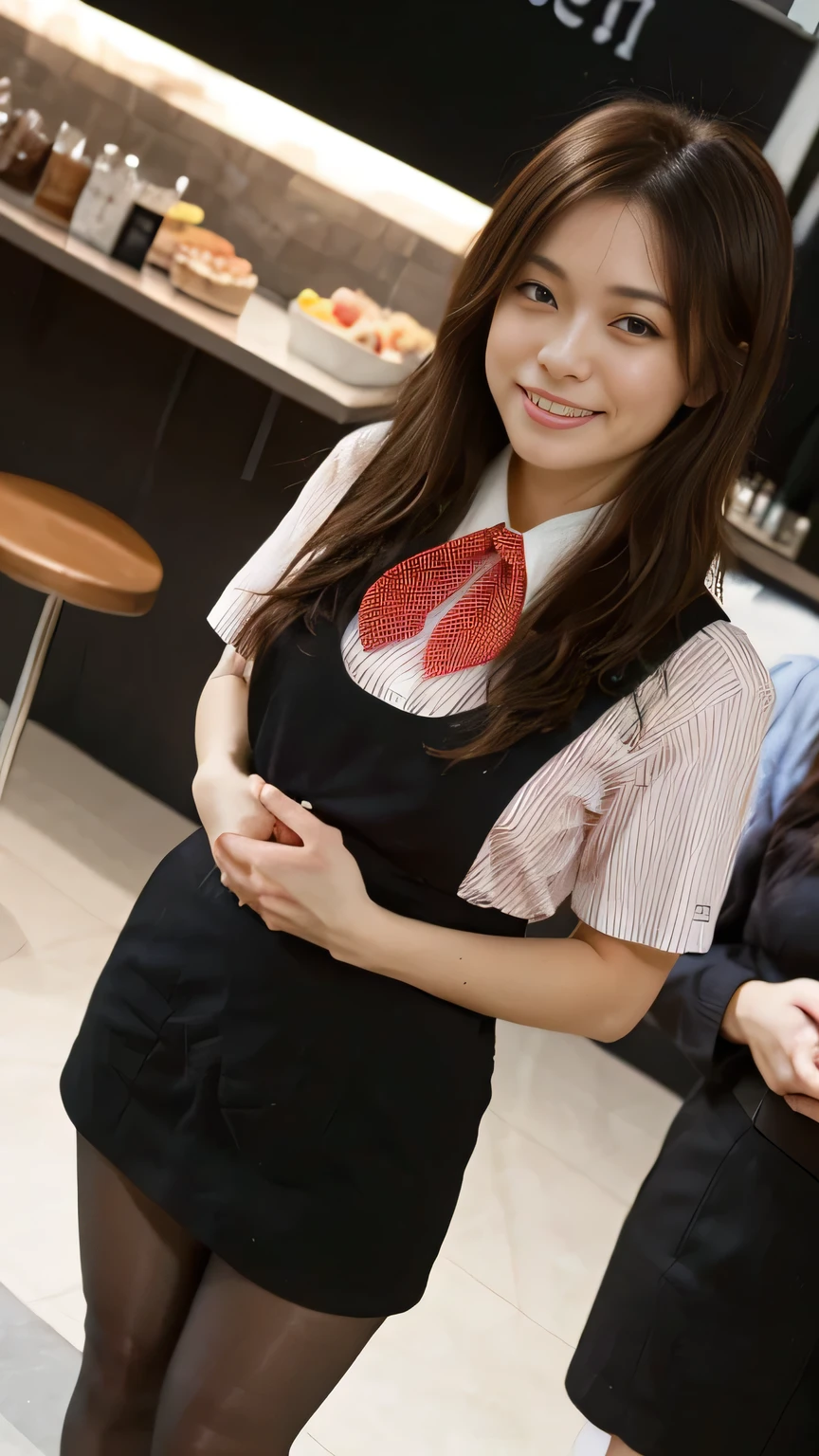 Highest quality、8k、masterpiece、Ultra-high resolution、Clear photos、Professional Lighting、Natural light、Realistic,、Highly detailed skin、Perfect Anatomy、(Beautiful Hands)、(Beautiful fingers)、One Woman、Age 25、Baby Face:1.8、Large Breasts、(Large areola)、Glamour、Bob Hair、Brown Hair、Beautiful Hair、smile、Star Uniform、Black vest、Short sleeve shirt、Black tight mini skirt、((Perfect Pantyhose:1.2))、((Black Pantyhose:1.1))、At the cafe、Stand at the counter、Attractive pose、((Front shot))、((Shooting from below:1.3))