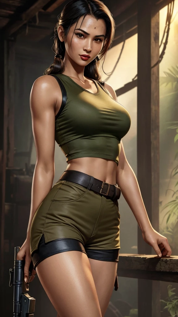 Pulp illustration, 1940s, asian lara croft, sexy, shorts, tight sleeveless shirt, colorized
