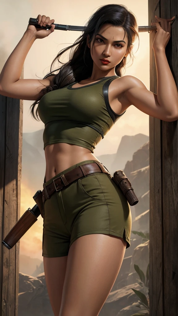 Pulp illustration, 1940s, asian lara croft, sexy, shorts, tight sleeveless shirt, colorized
