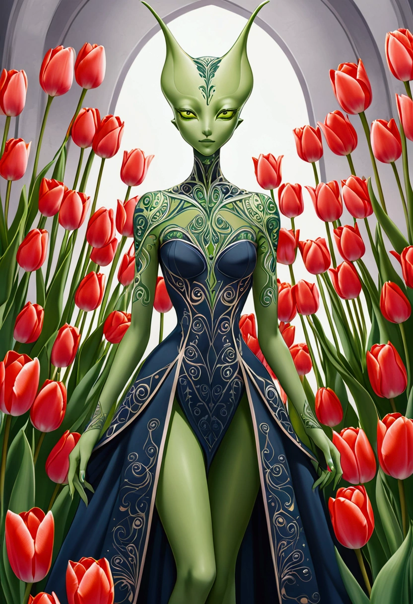 tulip alien with tulip printed dresses, green skin