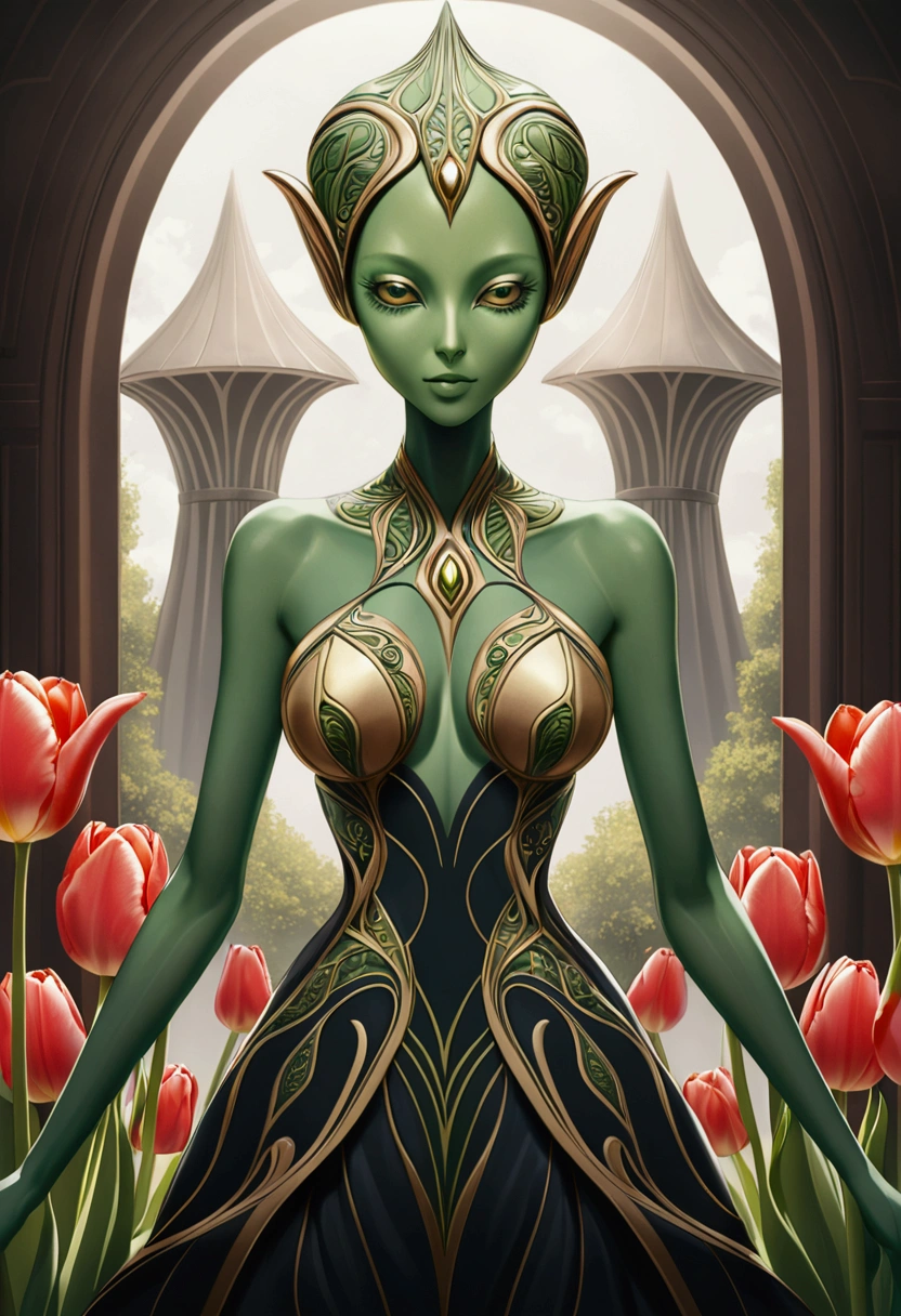 tulip alien with tulip printed jumpsuits, green skin