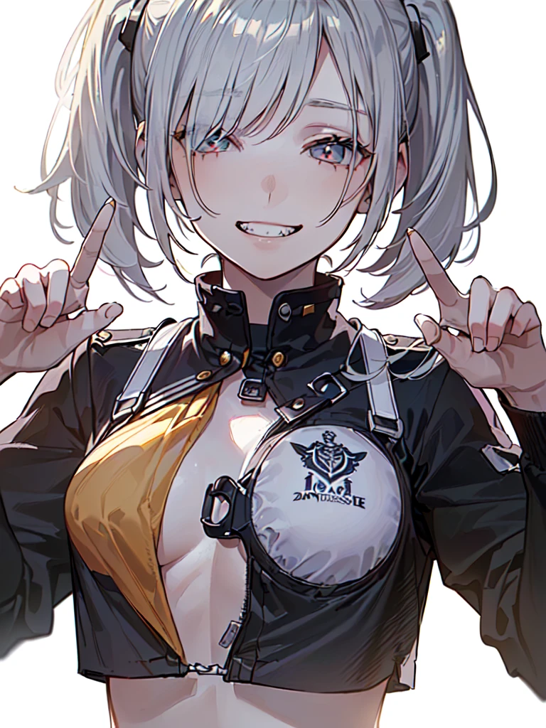 (((masterpiece, Highest quality, 1girl, 20-year-old woman, Beautiful attention to detail:1.6, Upper Body, Anatomically correct, flat lighting, futuristic student uniform, natural fingers, empty eyes, smirk, show teeth, Normal chest))), bewitching, short cut, Silver Hair、ponytails